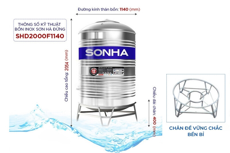 Bồn chứa nước inox Sơn Hà ngang 1000L Bồn inox ngang 1000L cũng là một trong những loại bồn inox tiêu chuẩn được sử dụng rộng rãi phổ biến của Sơn Hà. Đặc biệt là ở khu vực thành thì, thường sử dụng bồn ngang lắp trên mái để đảm bảo an toàn trong những ngày mưa bão. Loại bồn này thường sử dụng cho gia đình có từ 3 - 4 thành viên với mật độ sử dụng không quá thường xuyên.  Dung tích bồn inox luôn có sự sai số giữa dung tích thực tế và lý thuyết. Do đó, để thoải mái trữ nước cho sinh hoạt, tốt nhất nên chọn bình inox Sơn Hà dung tích lớn trên 1000L.  Bồn nước inox Sơn Hà 1500L Các bồn nước inox Sơn Hà 1500L kiểu dáng đứng hoặc ngang đều khá được ưa thích bởi dung tích vừa phải, đáp ứng nhu cầu của hầu hết các gia đình từ 1 - 2 thế hệ.  Bên cạnh đó, giá thành dung tích bồn inox Sơn Hà loại này cũng phải chăng phù hợp với thu nhập bình quân của các gia đình.